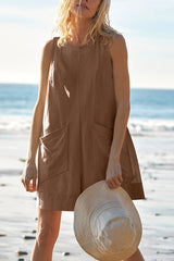 Solid Color Casual Round Neck Sleeveless Pocket Loose Rompers