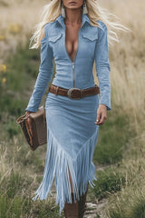 Retro Western Lapel Zipper Long Sleeve Tassel Midi Dress