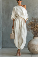 Women's Off-white Linen Off-shoulder Loose Casual Top And Tapered Pants Set
