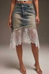 Casual Lace-paneled Denim Skirt