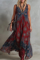 Retro Ethnic Bohemian Print Chiffon Sleeveless Maxi Dress