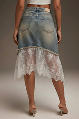 Casual Lace-paneled Denim Skirt
