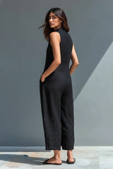 Women's Minimalist Linen Blend Button-up Stand-collar Sleeveless Loose Jumpsuit