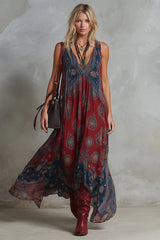 Retro Ethnic Bohemian Print Chiffon Sleeveless Maxi Dress
