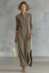 Women's Minimalist White-trimmed Button-down Collar Sweatshirt Dress Maxi Dress