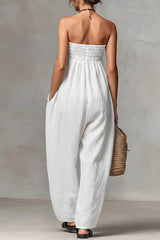 Women's Solid Color Strapless Casual Loose Cotton And Linen Jumpsuit