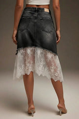 Casual Lace-paneled Denim Skirt