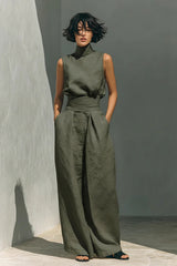 Women's Minimalist Cotton And Linen Blend Sleeveless Blouse And Wide-leg Pants Set