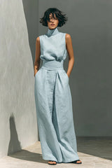 Women's Minimalist Cotton And Linen Blend Sleeveless Blouse And Wide-leg Pants Set
