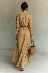 Ladies Lapel Single Breasted Long Sleeve Belted Maxi Dress