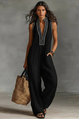 Women's Minimalist Linen Blend Sleeveless Jumpsuit With Zipper And Stand Collar, Featuring Embroidery