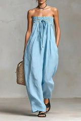 Women's Solid Color Strapless Casual Loose Cotton And Linen Jumpsuit