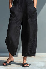 Women's Minimalist Linen Blend Button-up Stand-collar Sleeveless Loose Jumpsuit