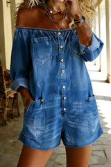 Women's Casual Cotton Denim Off-Shoulder Jumpsuit Shorts