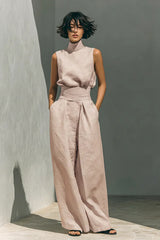 Women's Minimalist Cotton And Linen Blend Sleeveless Blouse And Wide-leg Pants Set