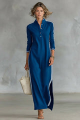 Women's Minimalist White-trimmed Button-down Collar Sweatshirt Dress Maxi Dress