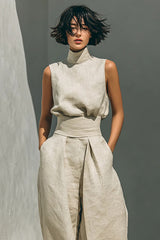 Women's Minimalist Cotton And Linen Blend Sleeveless Blouse And Wide-leg Pants Set