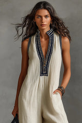 Women's Minimalist Linen Blend Sleeveless Jumpsuit With Zipper And Stand Collar, Featuring Embroidery