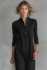 Women's Minimalist White-trimmed Button-down Collar Sweatshirt Dress Maxi Dress