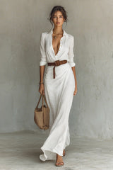 Ladies Lapel Single Breasted Long Sleeve Belted Maxi Dress