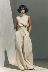 Women's Minimalist Cotton And Linen Blend Sleeveless Blouse And Wide-leg Pants Set