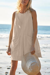 Solid Color Casual Round Neck Sleeveless Pocket Loose Rompers