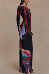 Boat Neck Long Sleeves Watercolor Print Maxi Dress