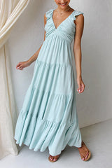 Heididress V Neck Ruffle Trim Tiered Sleeveless Linen Maxi Dress