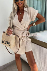 Relaxing Beach Linen Blend Solid Color Wrap Loose Shirt Romper