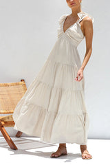 Heididress V Neck Ruffle Trim Tiered Sleeveless Linen Maxi Dress