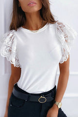 Crewneck Lace Ruffle Short Sleeves Top