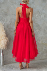 Heididress Bow Knot Halter Open Back Tulle Maxi Dress