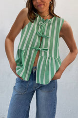 Crewneck Sleeveless Striped Ruffle Bow Top
