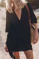 Heididress V Neck Tie Knot Cotton Linen Wrap Mini Dress