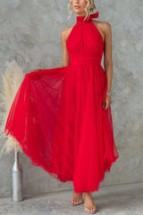 Heididress Bow Knot Halter Open Back Tulle Maxi Dress