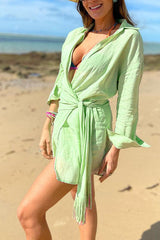 Heididress Lapel Long Sleeve Tie Waist Wrapped Beach Cover Up Dress