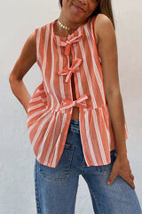 Crewneck Sleeveless Striped Ruffle Bow Top
