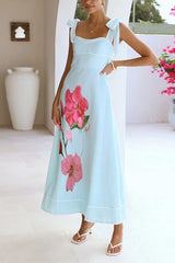 Bow Shoulder Sleeveless Floral Print Swing Maxi Dress