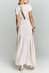 Crewneck Short Sleeves Back Cut Out Satin Maxi Dress