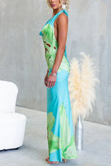 Halter Cowl Neck Backless Floral Print Satin Maxi Dress