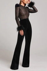 Feather Cuffs Bell Bottom Velvet Splice Jumpsuit