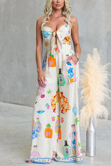 Adjustable Strap Tie Knot Front Unique Print Wide Leg Jumpsuit