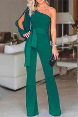 Heididress One Shoulder Slit Sleeve Tie Knot Jumpsuit