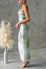 One Shoulder Watercolor Swirl Maxi Bodycon Dress