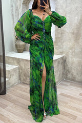 Heididress Off Shoulder Rhinestones Detail Printed Slit Pleated Maxi Dress