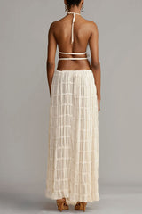 Frilled Halter Open Back Crop Top and Pleated Maxi Skirt Set