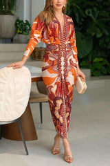 Heididress V Neck Long Sleeves Ruched Slit Printed Midi Dress