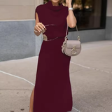 Cowl Neck Waisted Side Slit Midi Sweater Dress