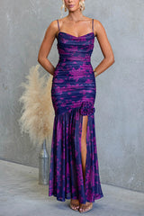 Spaghetti Strap Ruched Slit Floral Print Maxi Dress