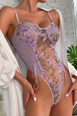 Butterfly Embroidered Sheer Mesh Patchwork Tie-Waist Bodysuit